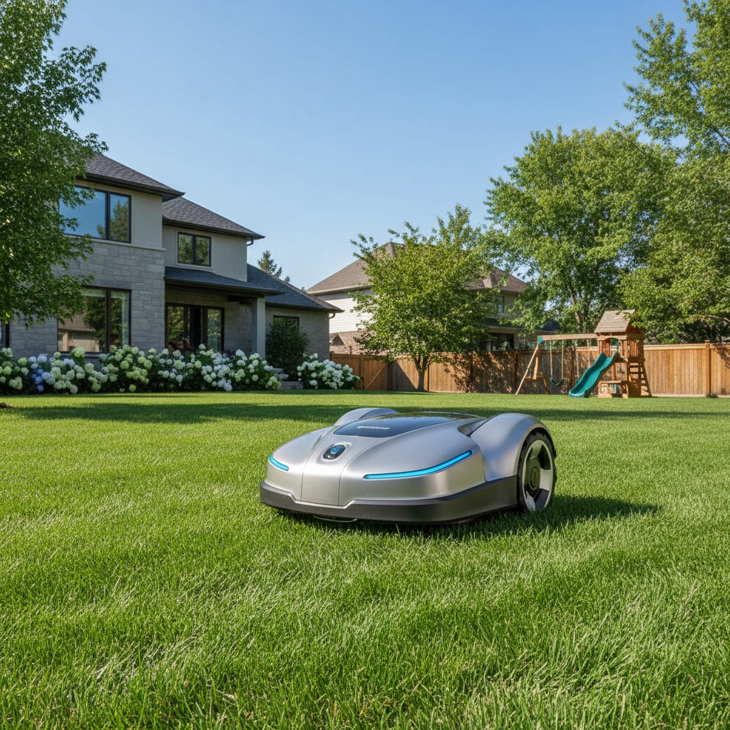Robot lawn mower cutting grass on a green suburban lawn