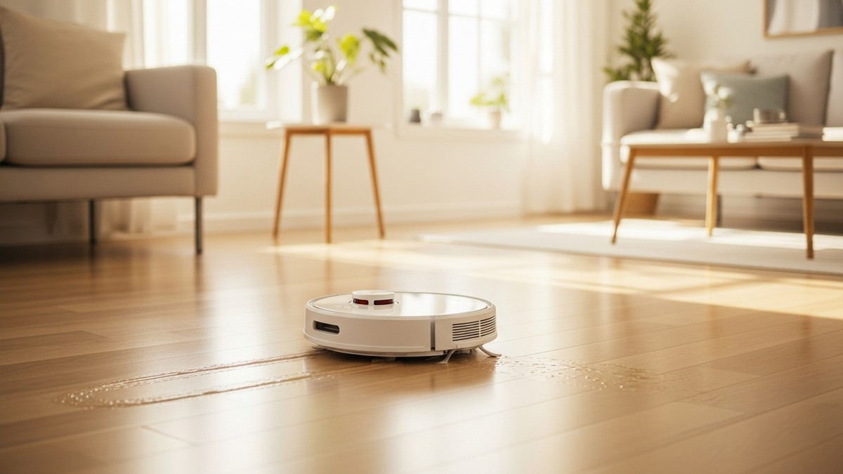 Robot vacuum and mop combo cleaning a modern hardwood floor