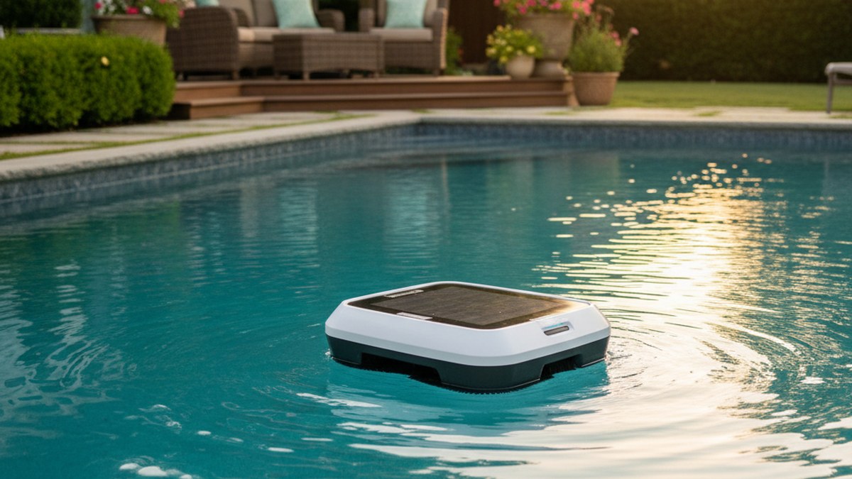Solar-powered robotic pool skimmer floating on a sparkling backyard swimming pool in late afternoon golden hour light