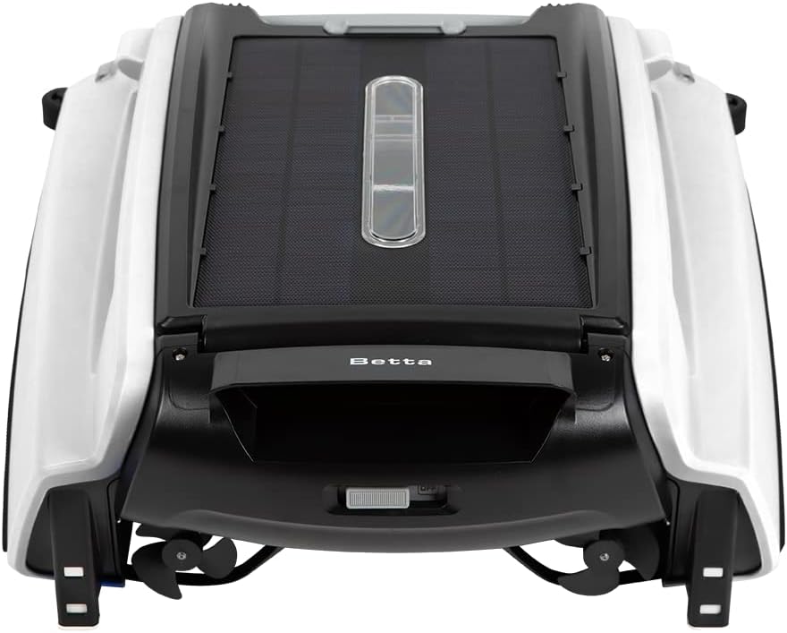 Betta SE solar-powered robotic pool surface skimmer floating on a swimming pool