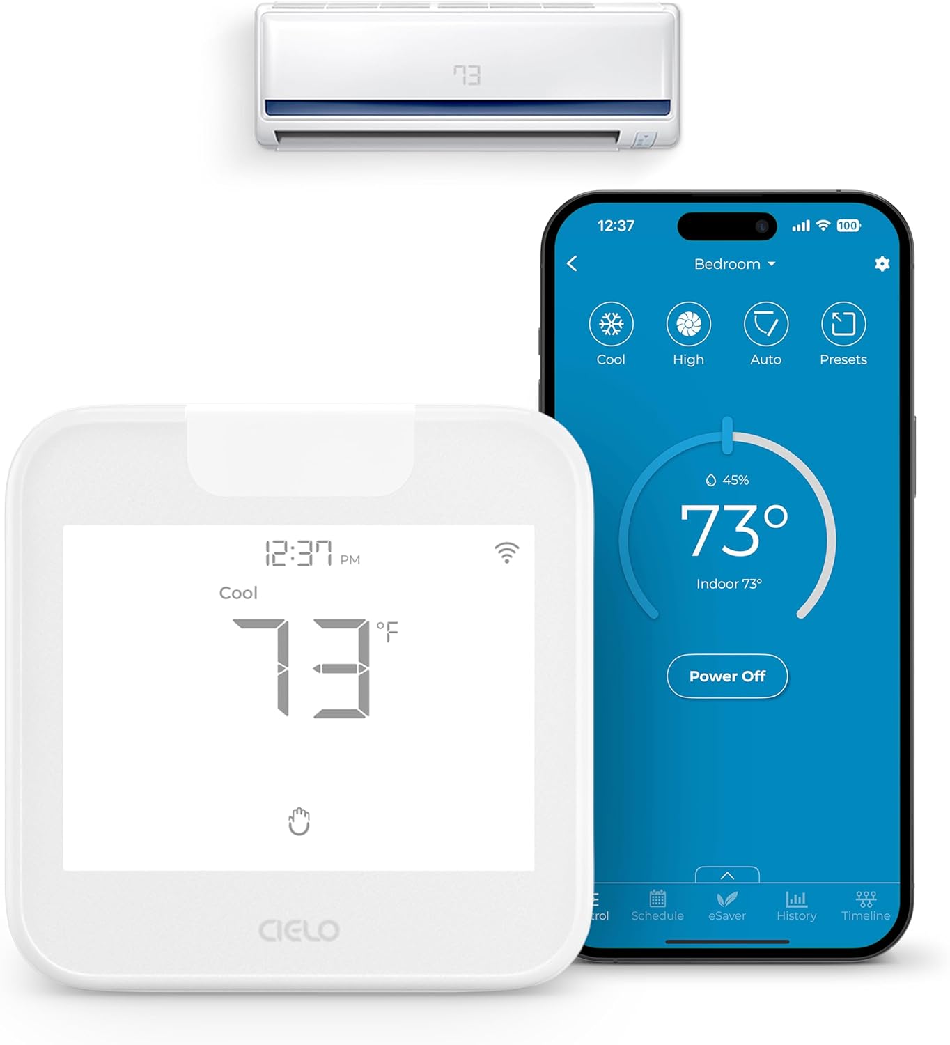 Cielo Breez Max smart AC controller mounted on a wall with display showing temperature