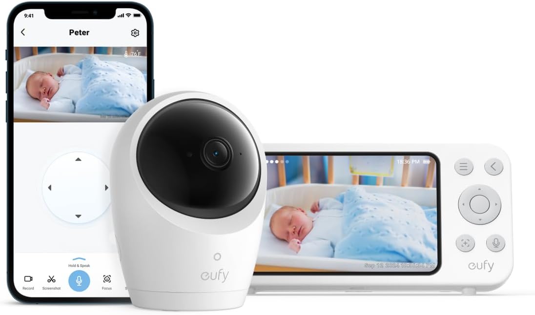 eufy Baby Monitor E20 with a white pan-tilt camera, 5-inch parent screen, and app