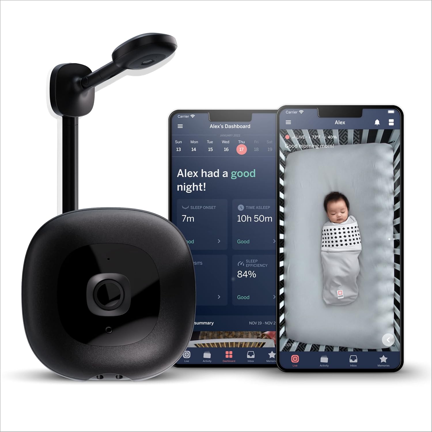 Nanit Pro Smart Baby Monitor with overhead wall-mount camera and app dashboard