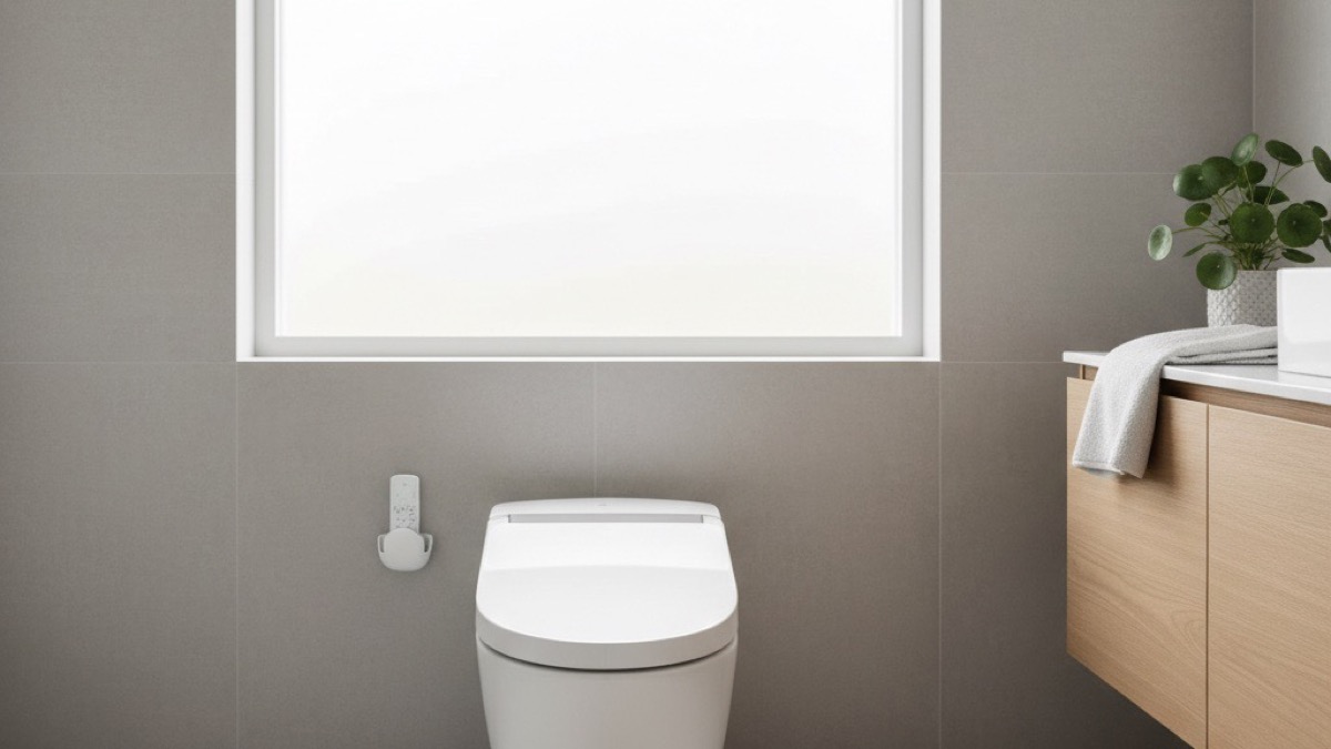 Modern bathroom with a smart bidet toilet seat installed on a white toilet