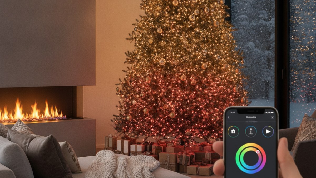 A tall Christmas tree glowing with smart string lights in a warm gold-to-red gradient, controlled from a phone app in a cozy living room