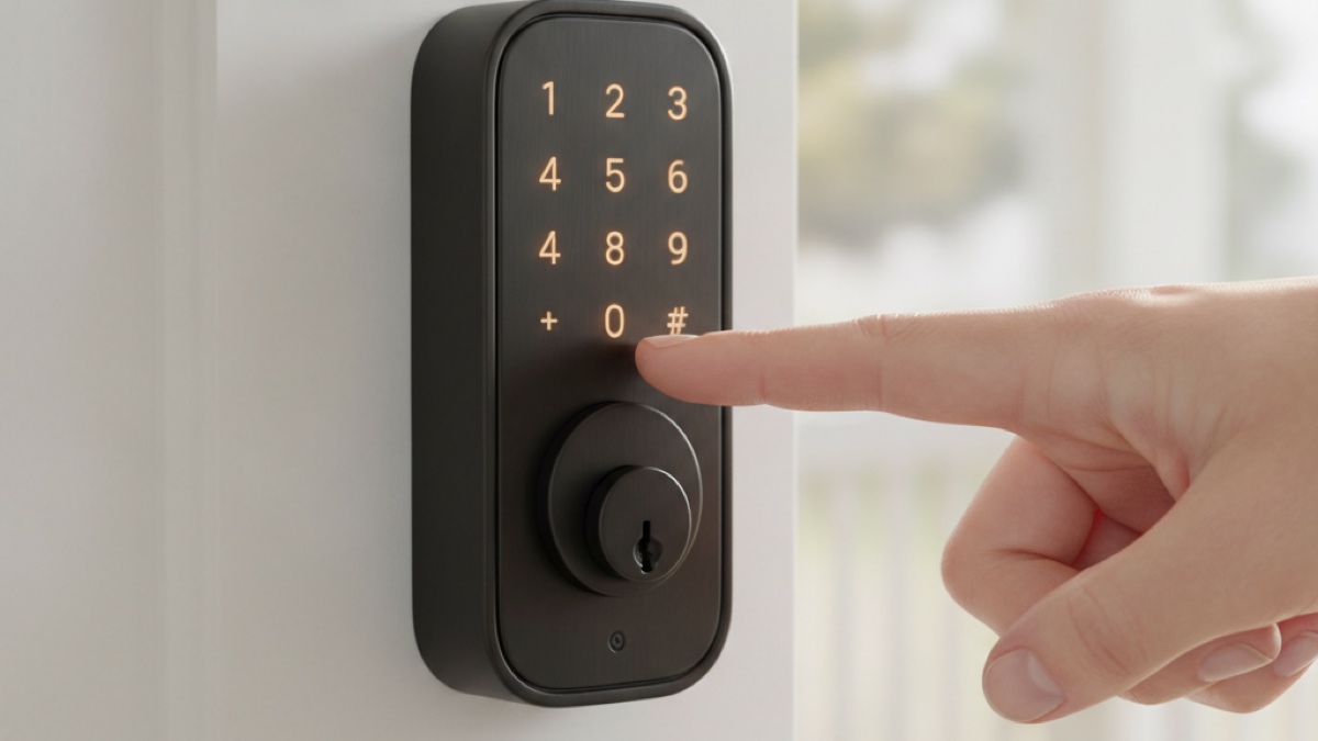 A modern matte-black smart deadbolt with a glowing backlit keypad on a white front door, a finger pressing a key - featured image