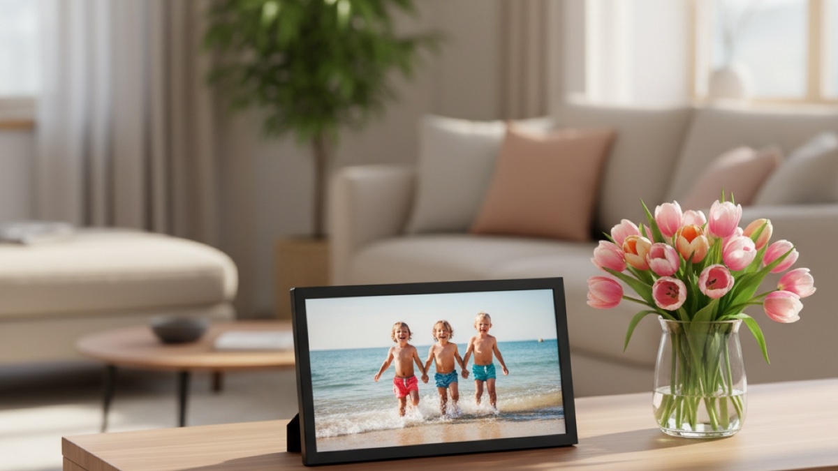 Modern Wi-Fi digital picture frame on a walnut console table next to fresh tulips, displaying a sunny family beach photo in a sunlit living room