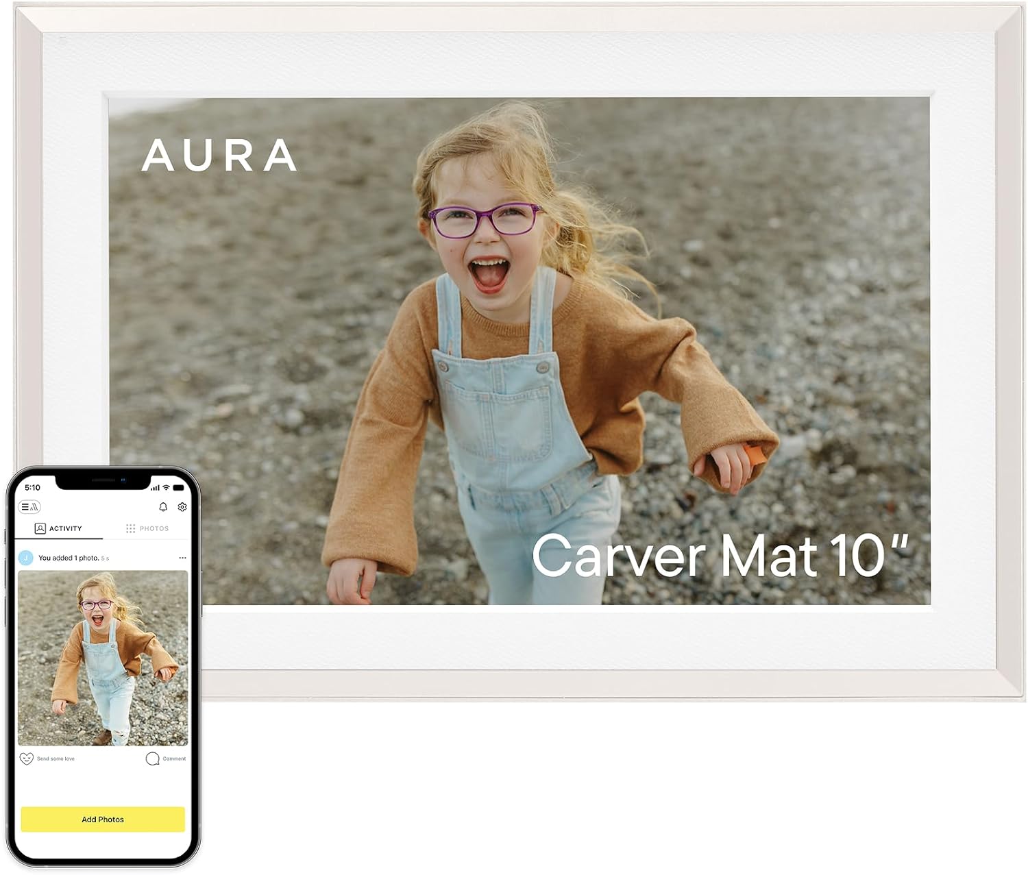 Aura Carver 10.1 inch WiFi digital picture frame in gravel finish on a wooden shelf