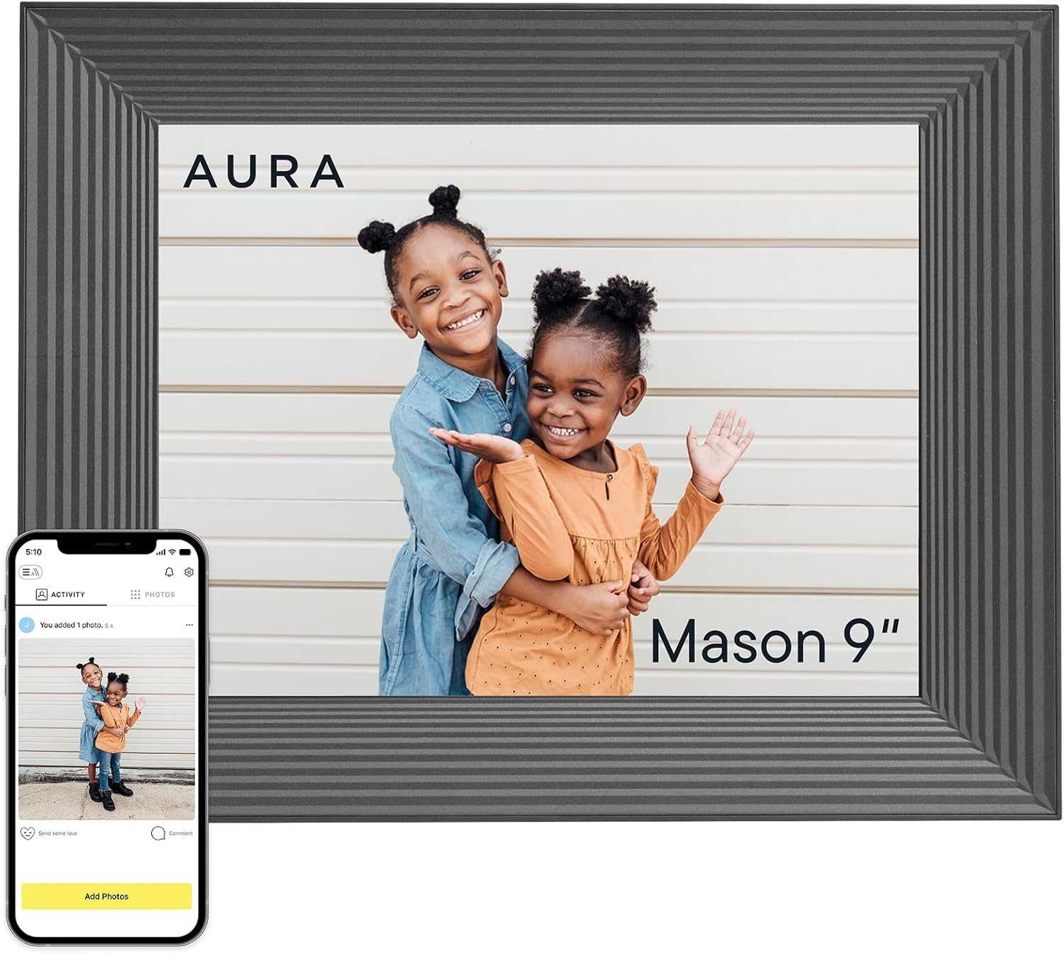 Aura Mason 9 inch dual-orientation WiFi digital picture frame in black finish on a desk
