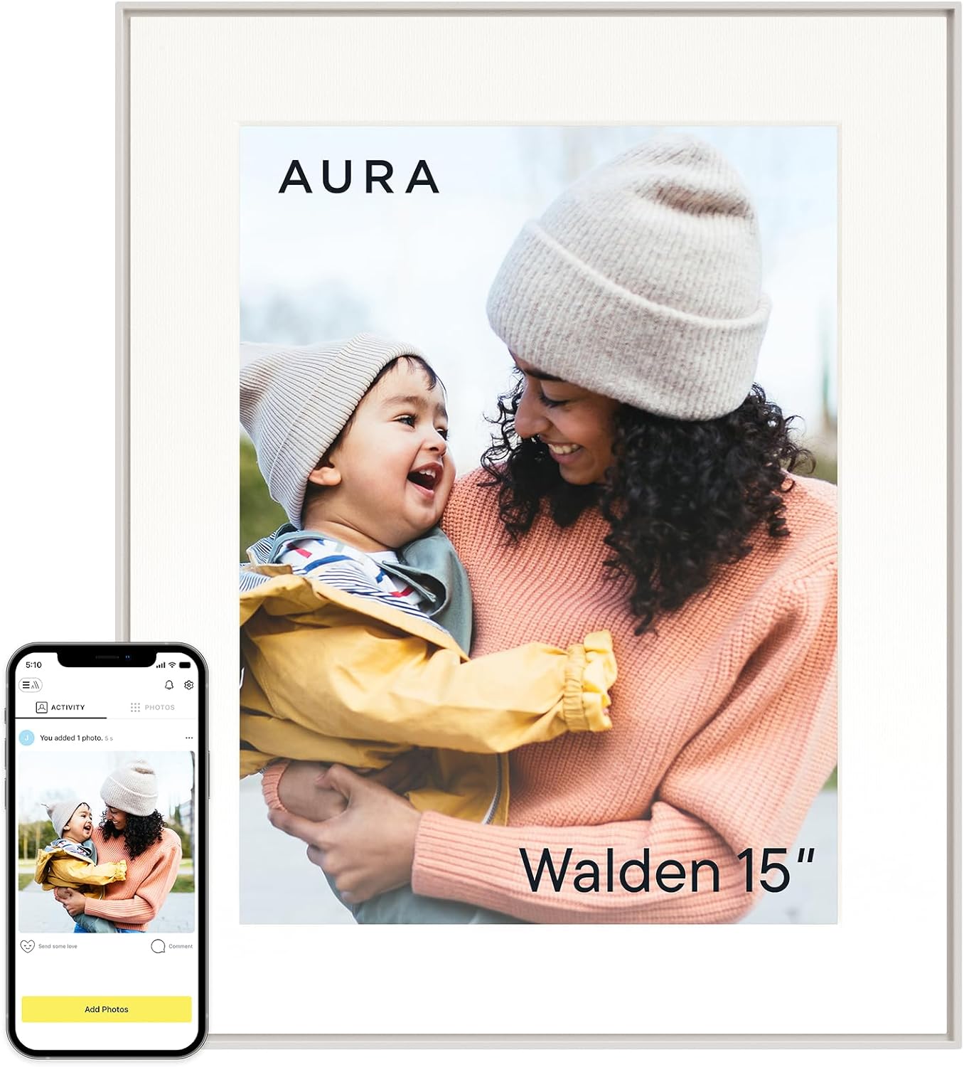 Aura Walden 15 inch wall-worthy WiFi digital picture frame in white clay finish
