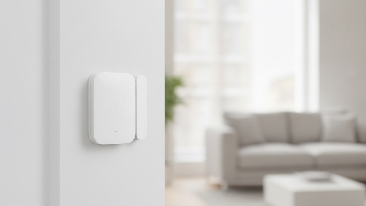 A small white smart contact sensor mounted on a door frame in a modern home