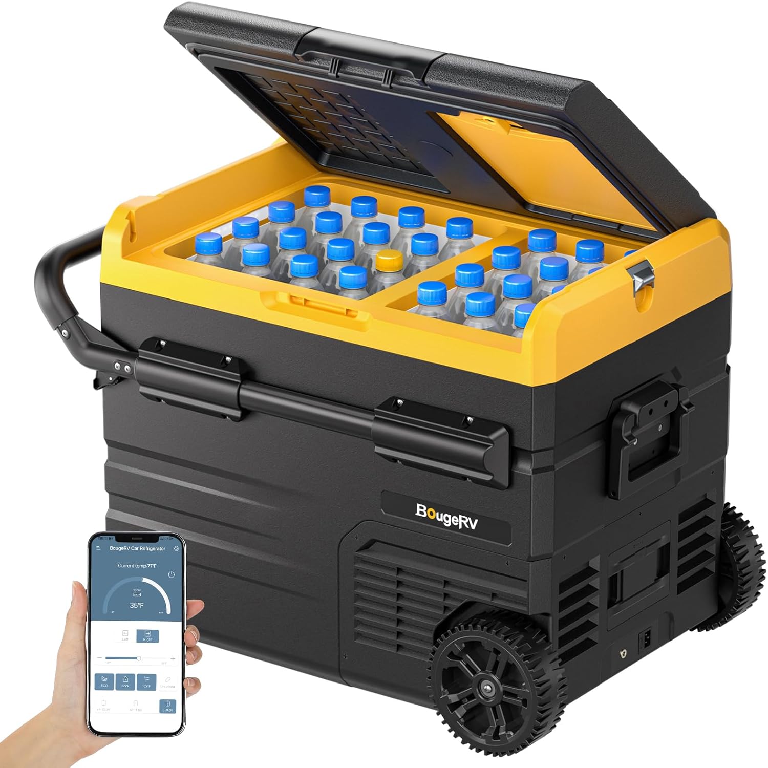 BougeRV 12 Volt 45L dual zone car refrigerator with app control, black and yellow wheeled portable freezer fridge full of bottled drinks