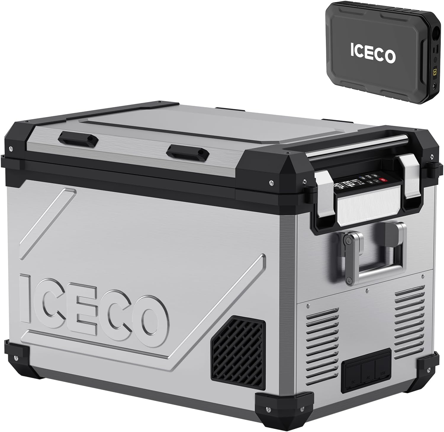 ICECO 55L 12v dual zone Bluetooth controlled portable freezer with SECOP compressor and magnetic battery, stainless steel car refrigerator