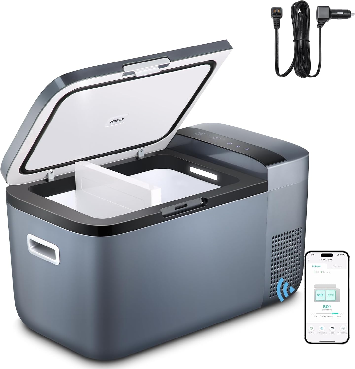 ICECO GO20 dual zone 12V 21Qt 20L compact portable refrigerator with app control and SECOP compressor, gray mini cooler with phone app