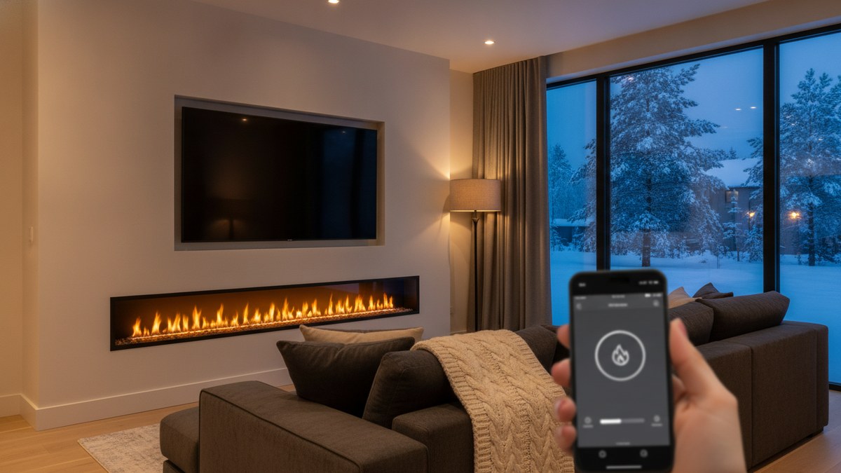 A long linear smart electric fireplace glowing in a modern living room wall below a TV, controlled from a phone app on a snowy evening