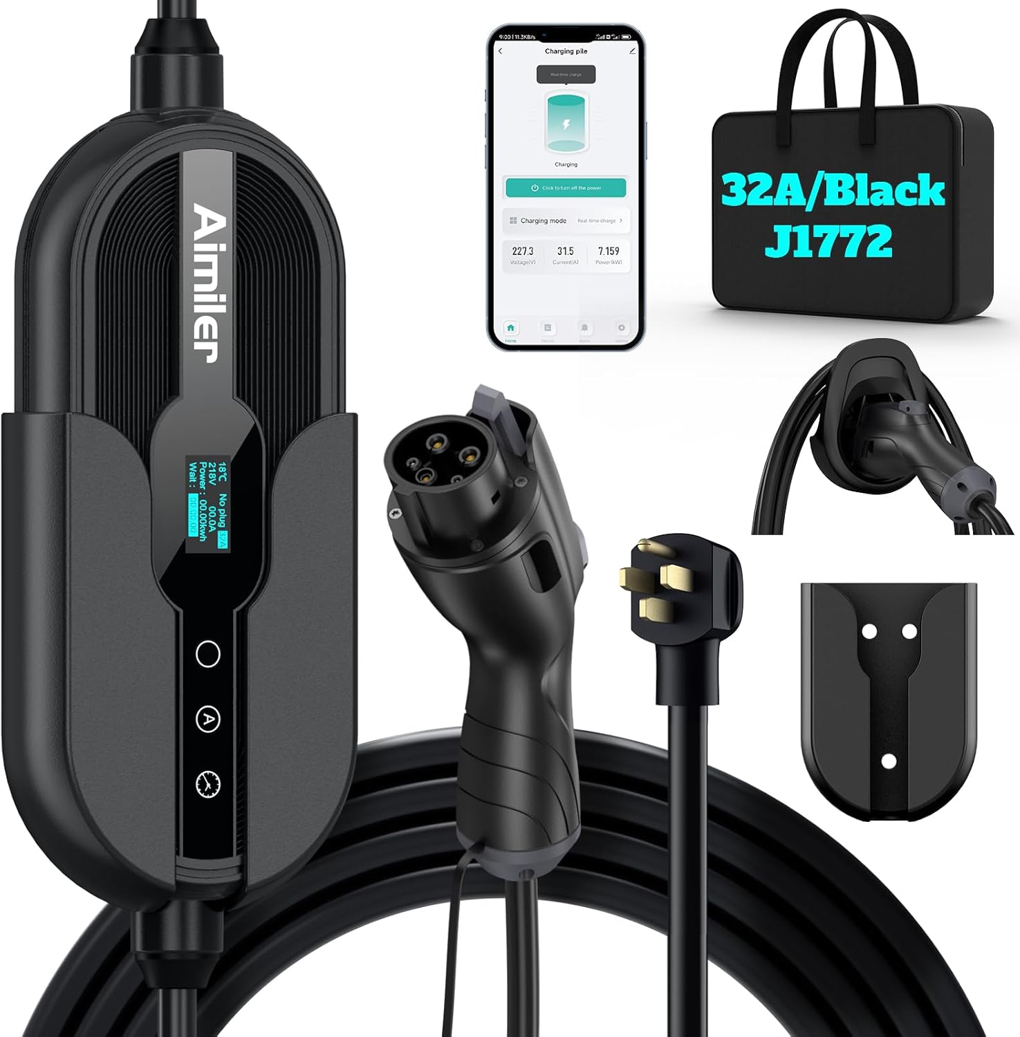 AIMILER Level 2 EV Charger 32 amp WiFi app plug-play portable smart charging station with J1772 connector