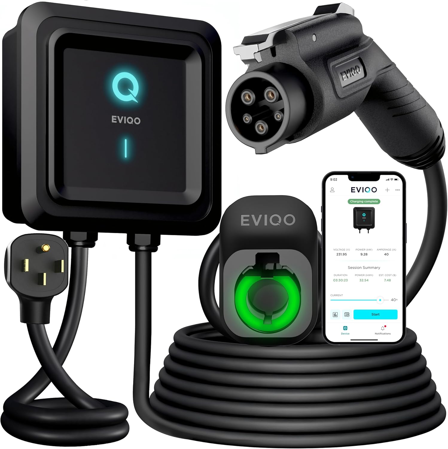 EVIQO Level 2 EV Charger 40 Amp 240V J1772 smart Wi-Fi charging station with weatherproof IP66 NEMA 14-50 plug