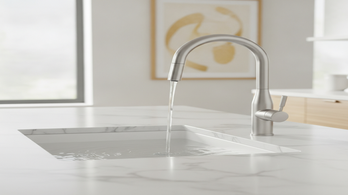 A modern touchless smart kitchen faucet running water over a white sink in a bright kitchen