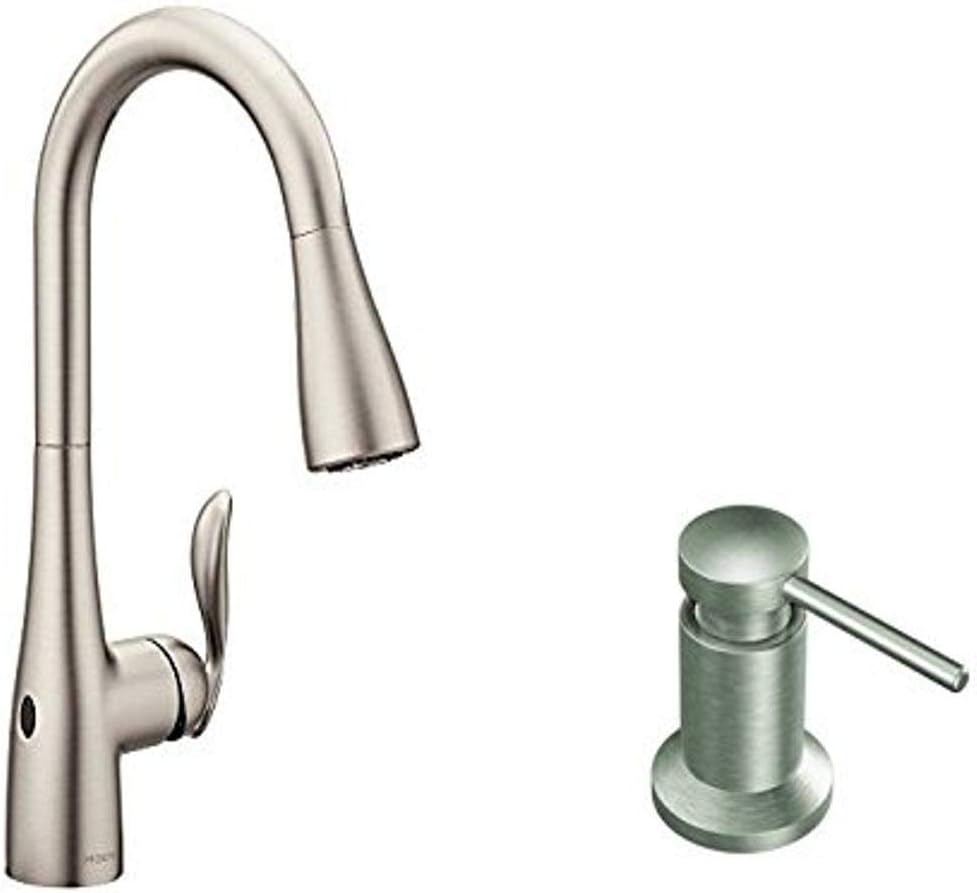 Moen 7594EWSRS Arbor MotionSense Wave touchless kitchen faucet in Spot Resist Stainless with soap dispenser