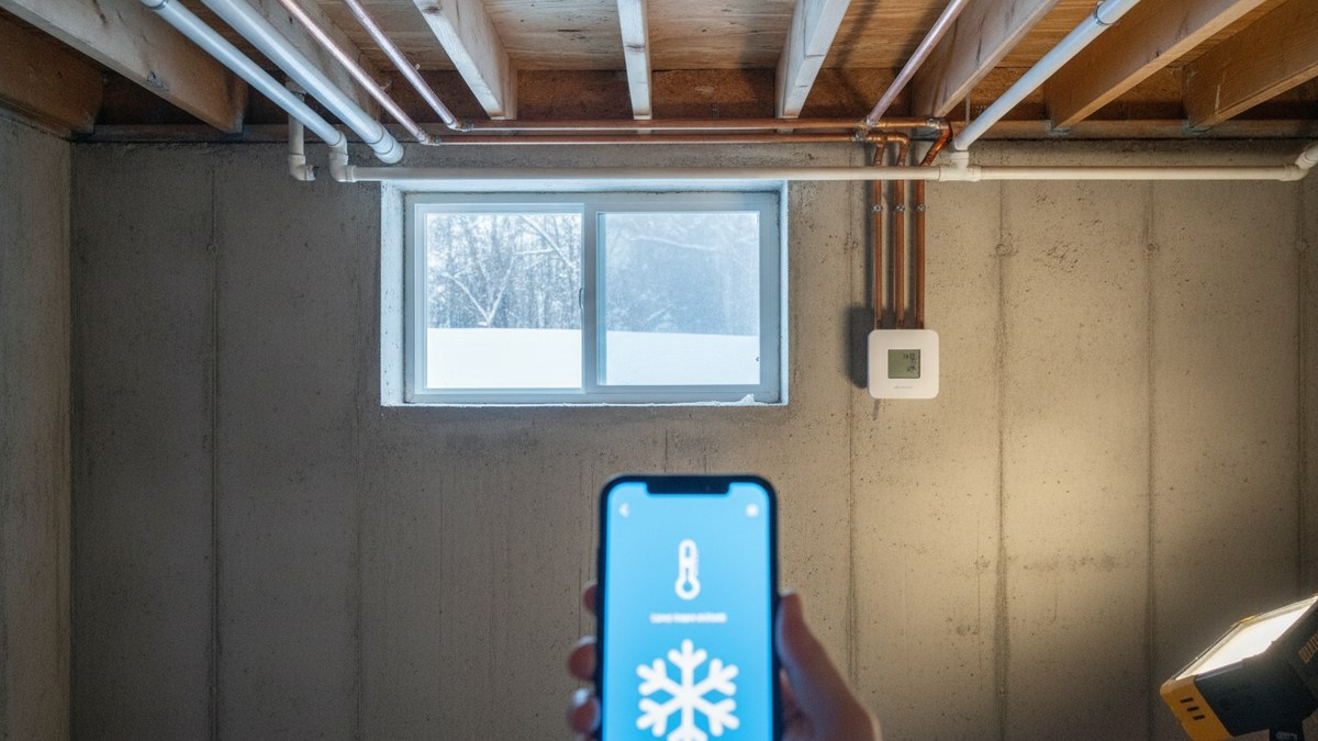 A wireless temperature sensor mounted next to water pipes in a winter basement while a phone shows a low-temperature alert