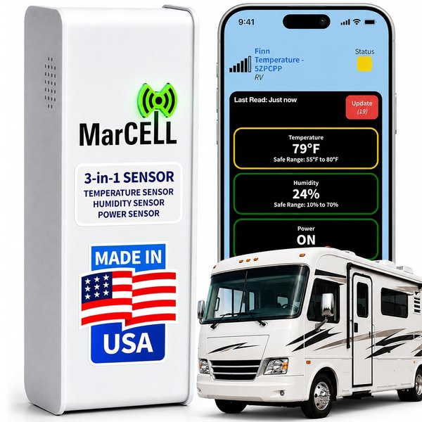 MarCELL cellular temperature humidity and power monitor made in the USA