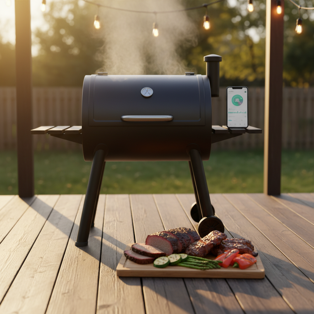 Modern WiFi pellet smoker on a backyard patio at golden hour with smoked brisket and grilled vegetables