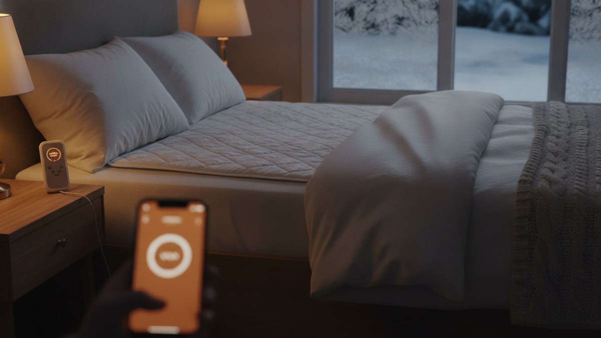 A cozy bed with a quilted smart heated mattress pad and nightstand controller, warmed from a phone app on a snowy night