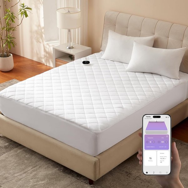 Dual-zone WiFi heated mattress pad queen with diamond quilting and app control