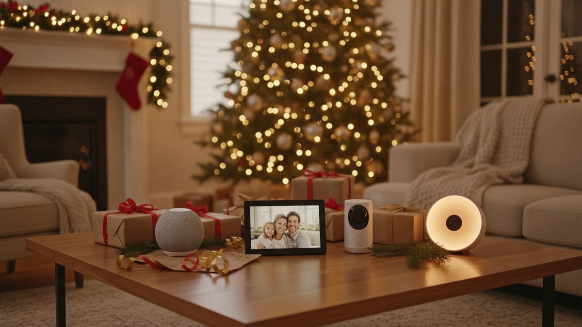 Smart home gifts including a smart speaker, digital photo frame, security camera and sunrise alarm on a coffee table in front of a Christmas tree