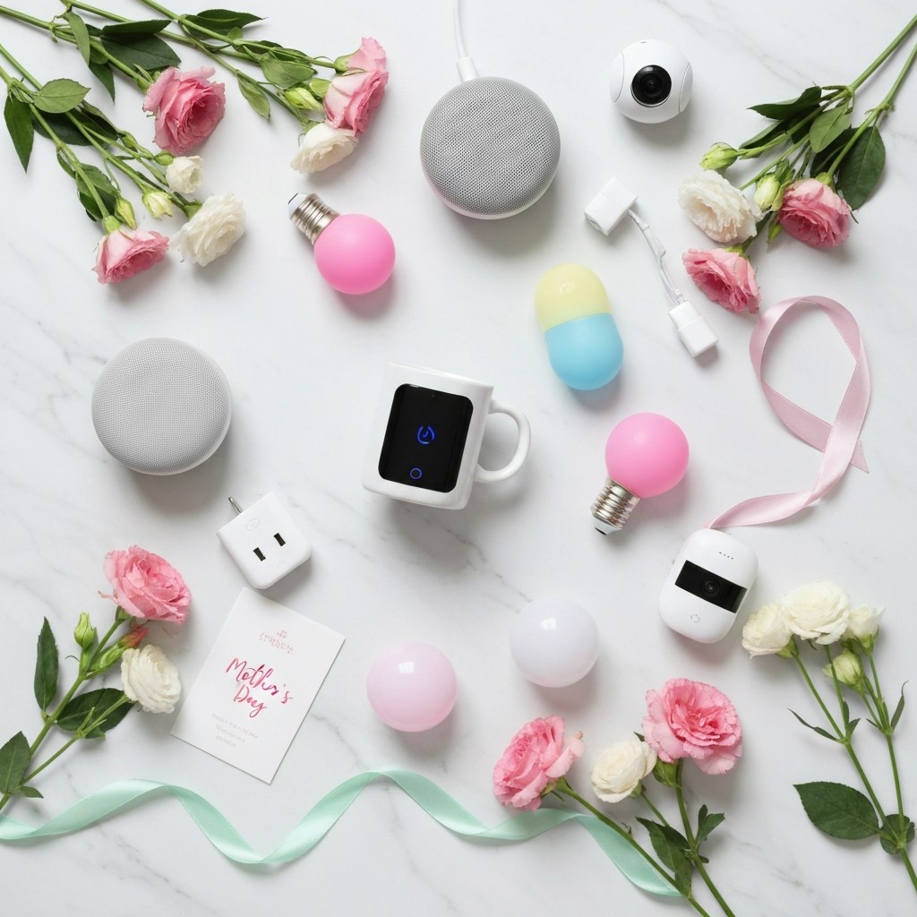 Smart home gifts for Mother's Day arranged on a table with flowers