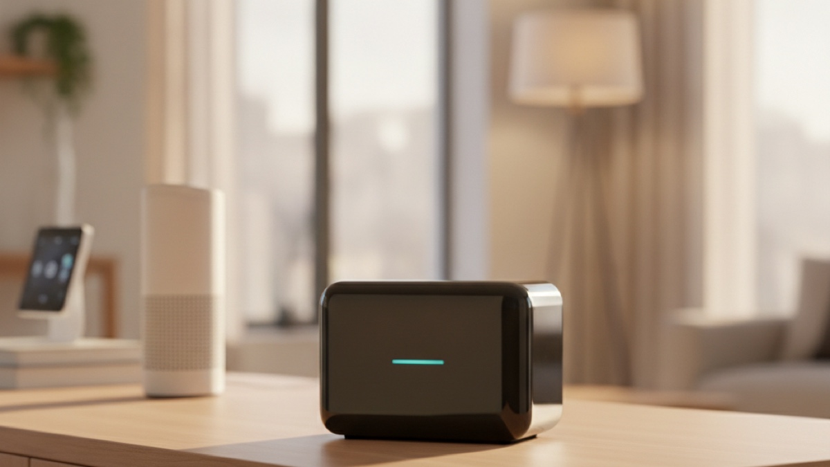 A modern black smart home hub with a glowing status light on a wood console table in a bright living room