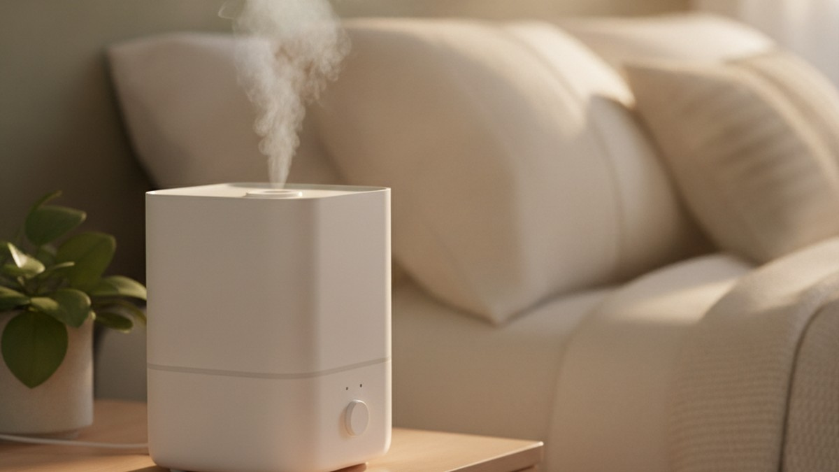 Modern white smart humidifier emitting mist on a nightstand in a cozy bedroom