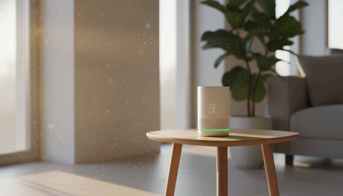 Smart indoor air quality monitor on a wooden side table in a sunlit modern living room