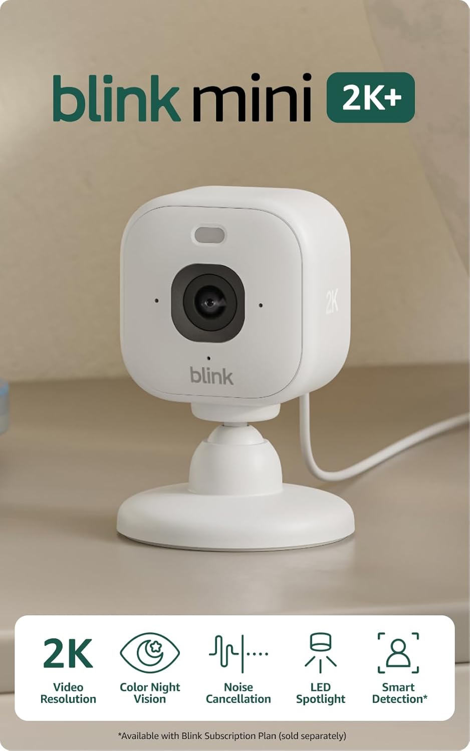 Blink Mini 2K+ in white, a compact plug-in indoor security camera on a stand