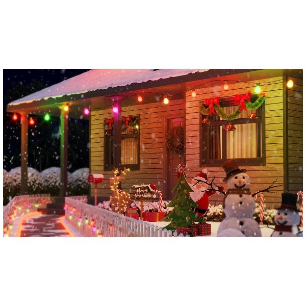 Govee Smart Outdoor String Lights 96ft RGBIC hanging over a backyard patio