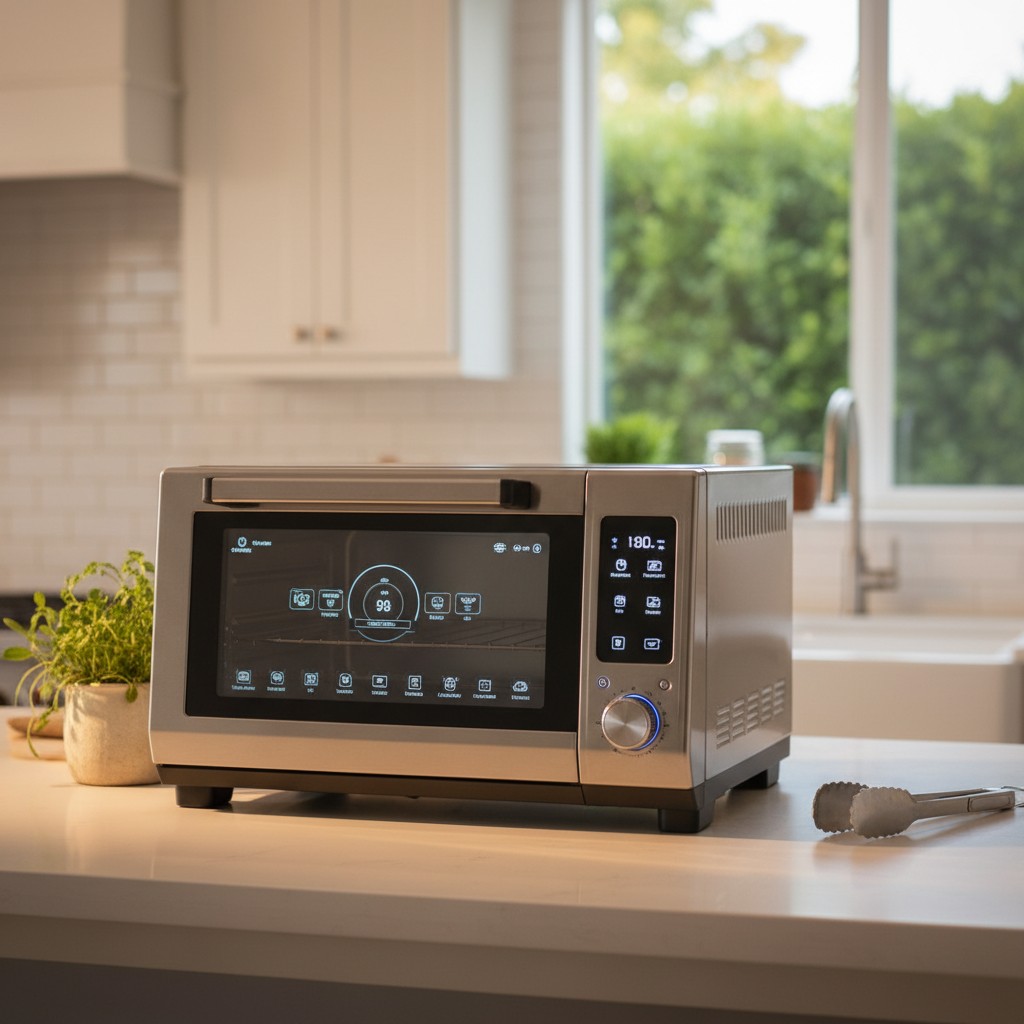 Smart toaster oven with digital display on a modern kitchen countertop
