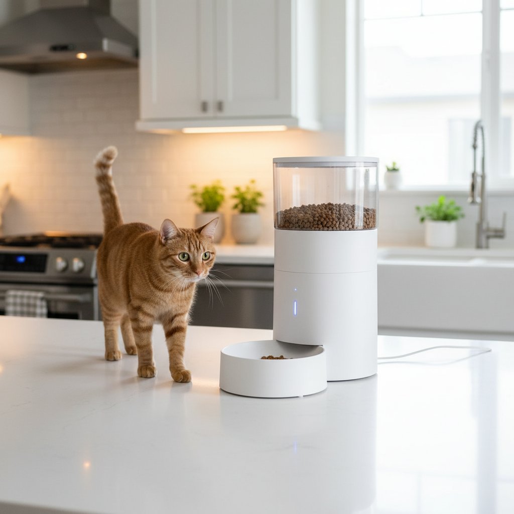 Smart automatic pet feeder dispensing food for a cat on a kitchen counter
