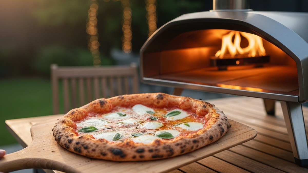 Freshly baked Margherita pizza on a wooden peel beside a glowing outdoor smart pizza oven at golden hour
