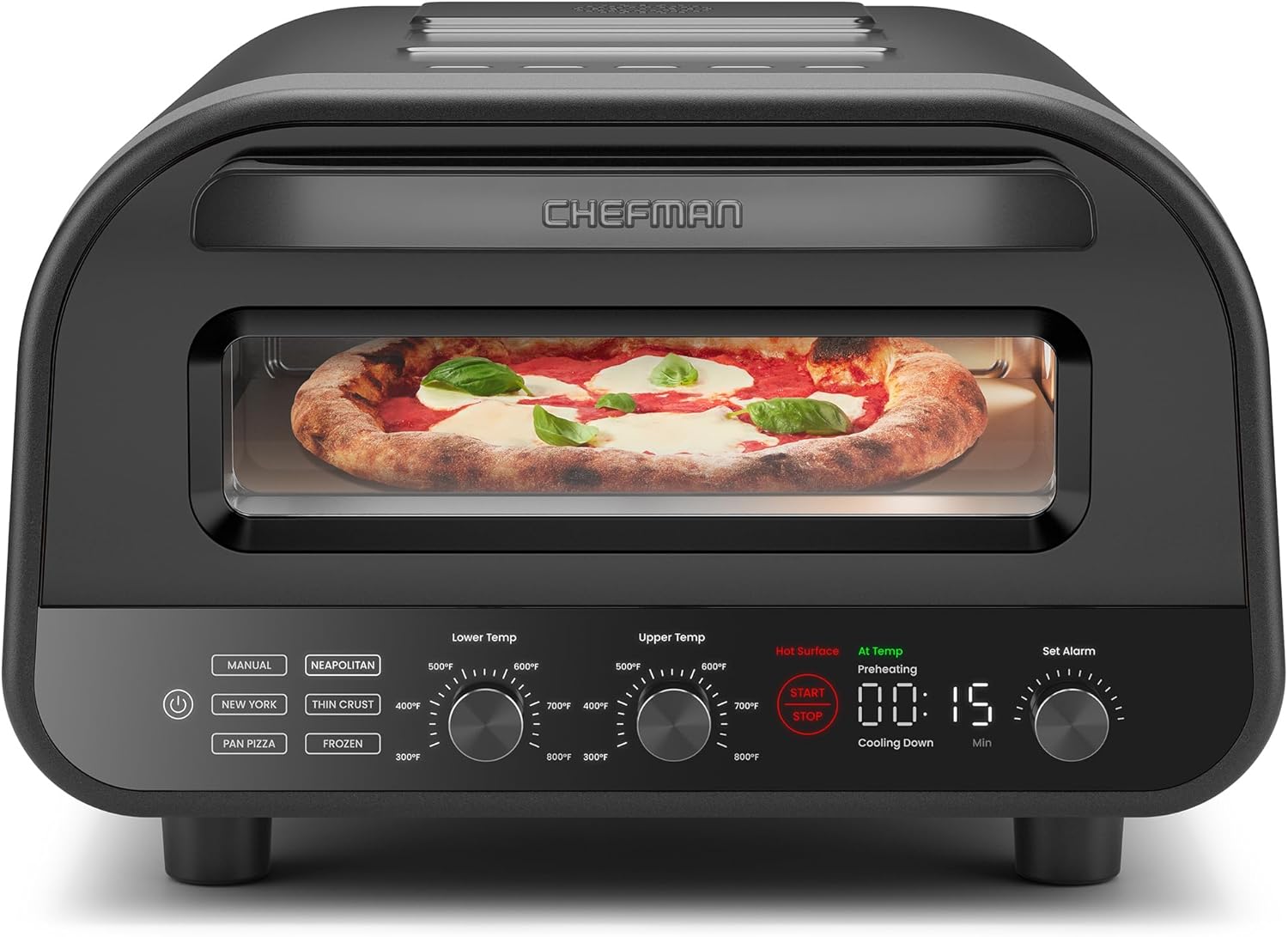 CHEFMAN Indoor Pizza Oven in stainless black with pizza peel
