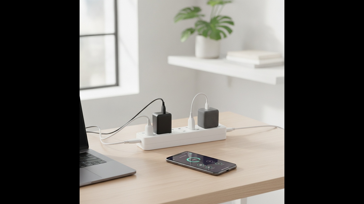 Best Smart Power Strips & Surge Protectors 2026 - a white smart power strip charging devices on a desk with a control app on a phone