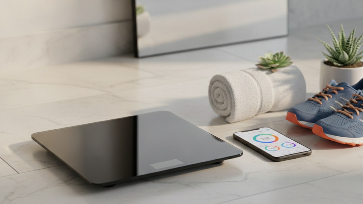 A sleek smart bathroom scale on marble tile next to a phone showing body composition stats