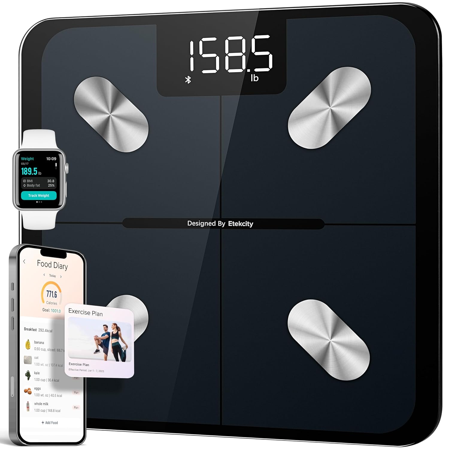 Etekcity Smart Scale in black showing a weight reading with companion app and watch