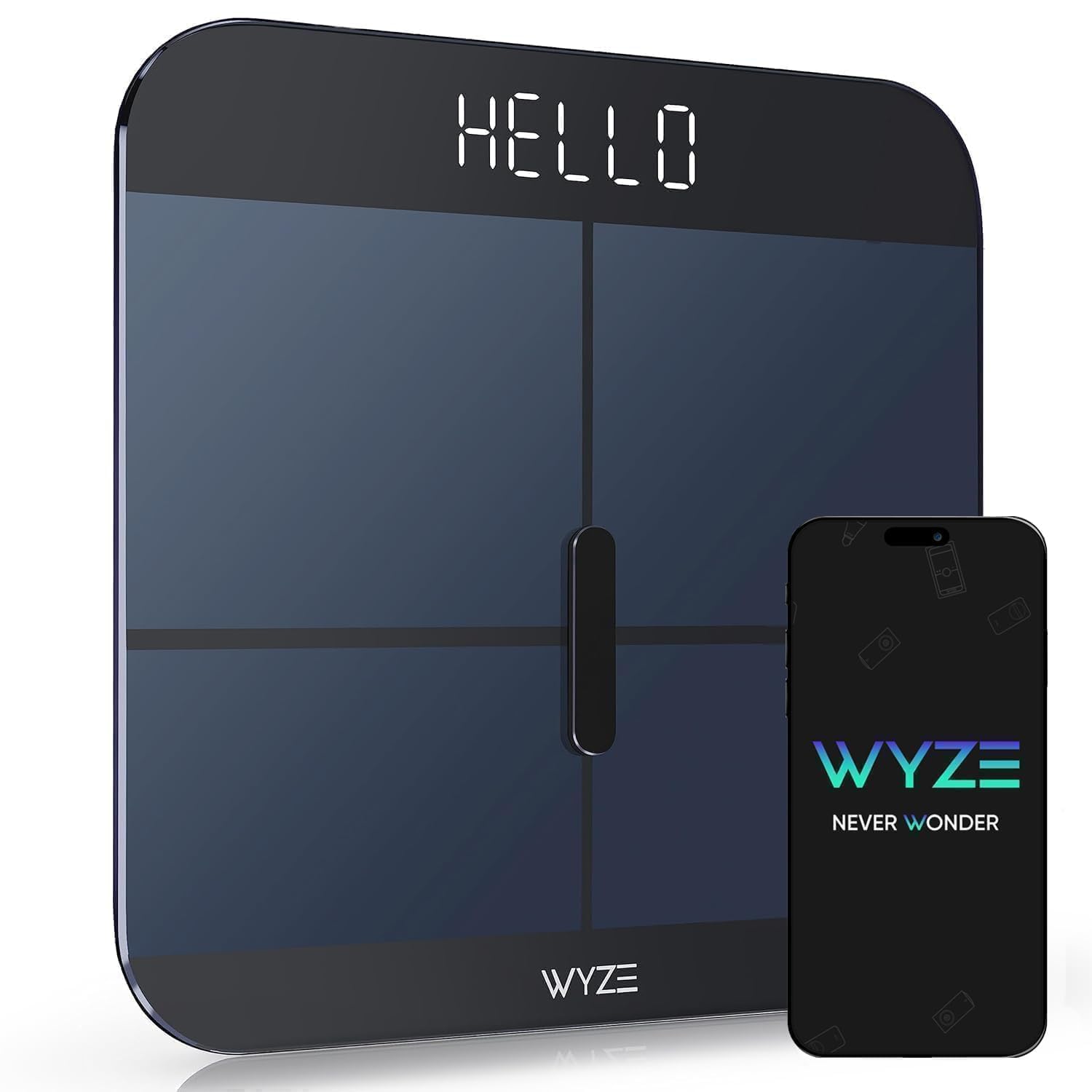 Wyze Smart Scale X in black glass displaying a HELLO greeting
