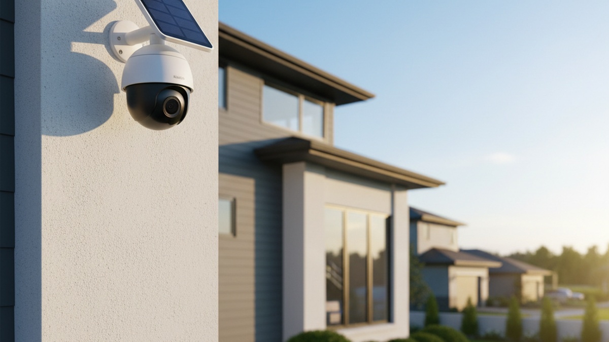 White solar-powered outdoor security camera mounted on a modern home exterior under a bright sunny sky