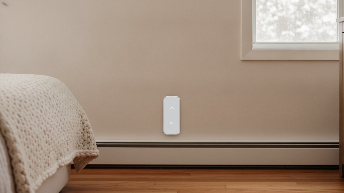A slim white smart thermostat mounted above an electric baseboard heater in a cozy bedroom on a snowy morning