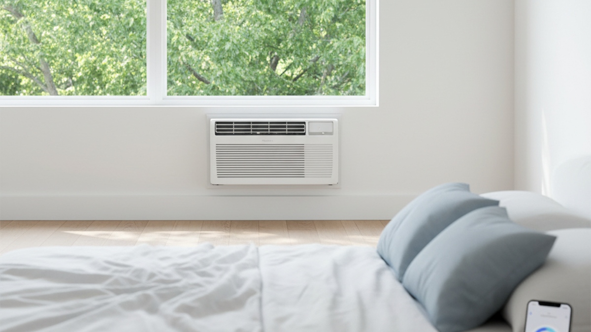 Modern smart window air conditioner installed in a bright bedroom with summer light streaming through the window