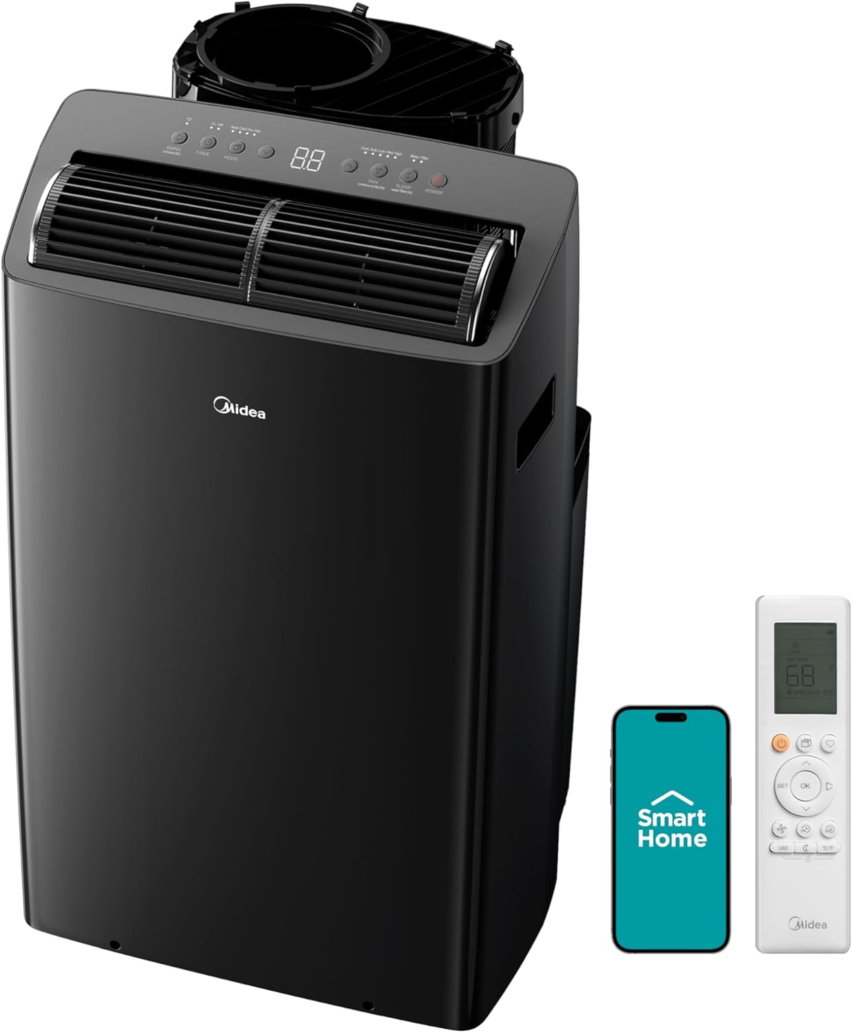 Midea Duo 12,000 BTU smart portable air conditioner on wheels with dual hose window kit