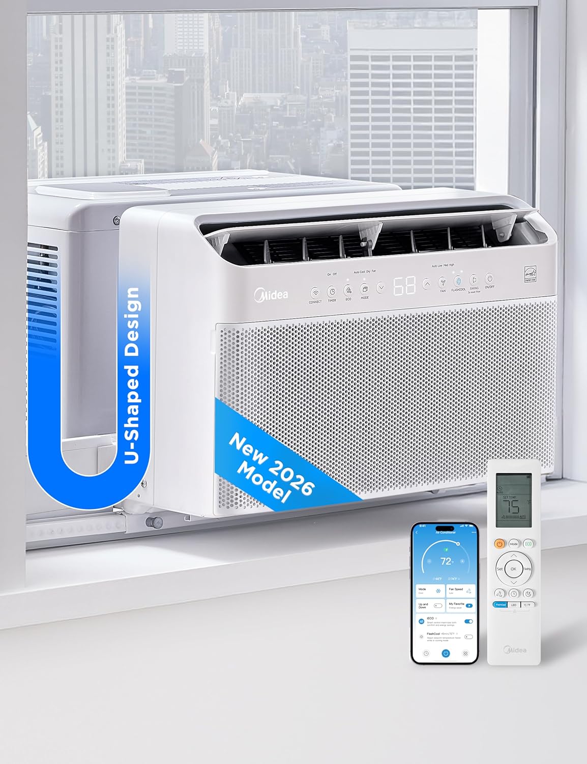 Midea 12,000 BTU U-shaped smart inverter window air conditioner installed in a window with the sash closed over the middle