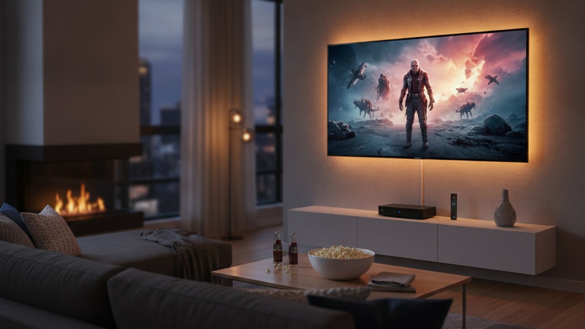 Cozy living room set up for movie night with a 4K TV and a streaming media player on the console