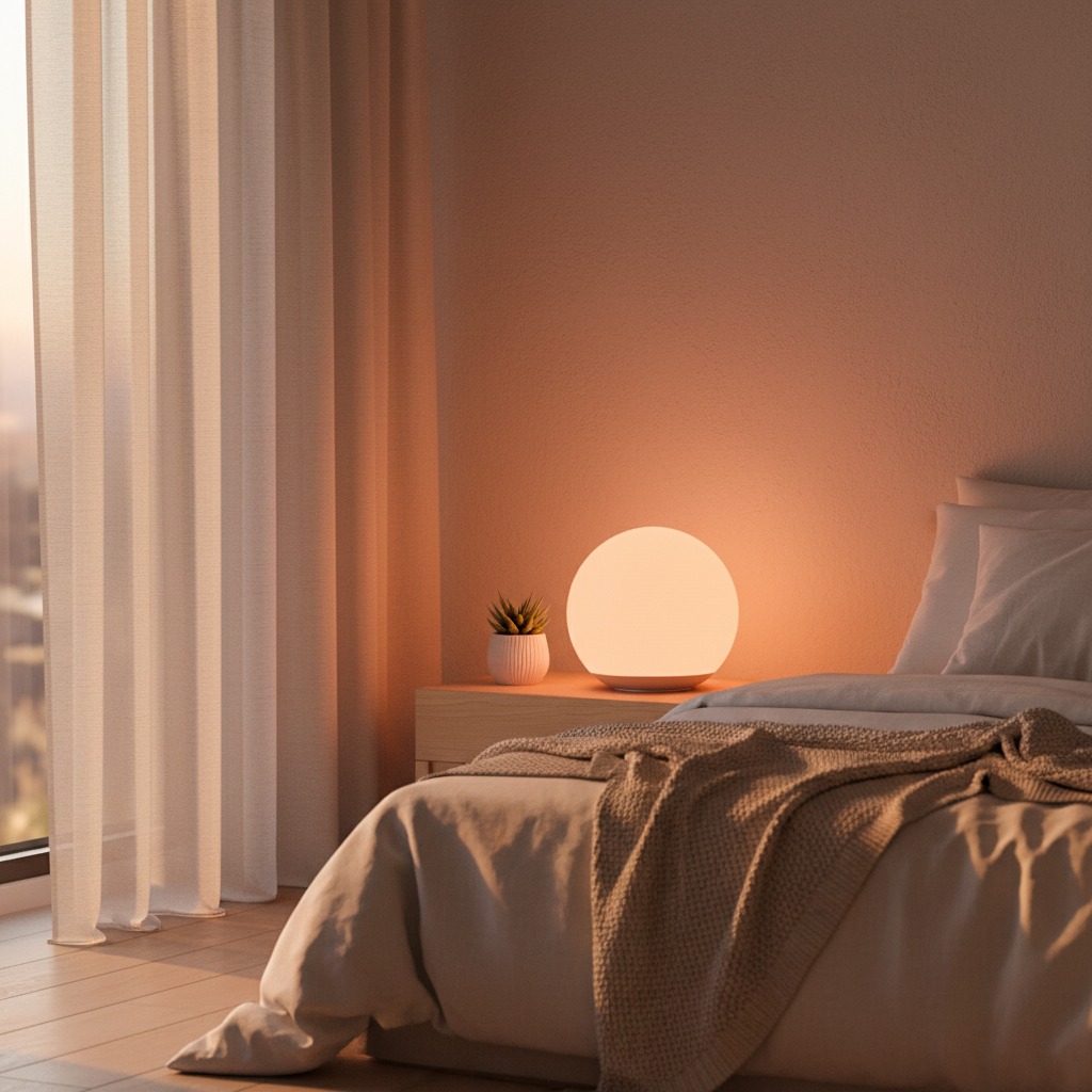 Modern bedroom at dawn with a sunrise alarm clock glowing warm orange light on a wooden nightstand